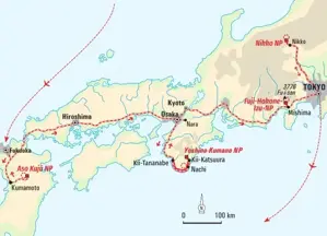 Karte der Hauser Wanderreise durch Japan von Fukuoka über Hiroshima, Kyoto und den Fuji-Vulkan bis in die Metropole Tokyo.