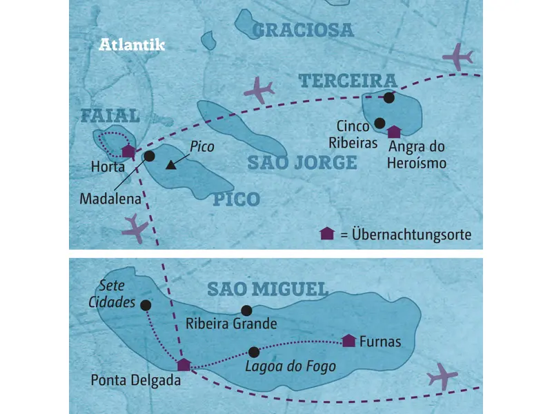 Karte der Azoren-Privatreise: Die Route führt per Insel-Hopping von Terceira über Faial und Pico bis nach Sao Miguel.