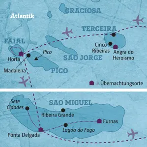 Karte der Azoren-Privatreise: Die Route führt per Insel-Hopping von Terceira über Faial und Pico bis nach Sao Miguel.