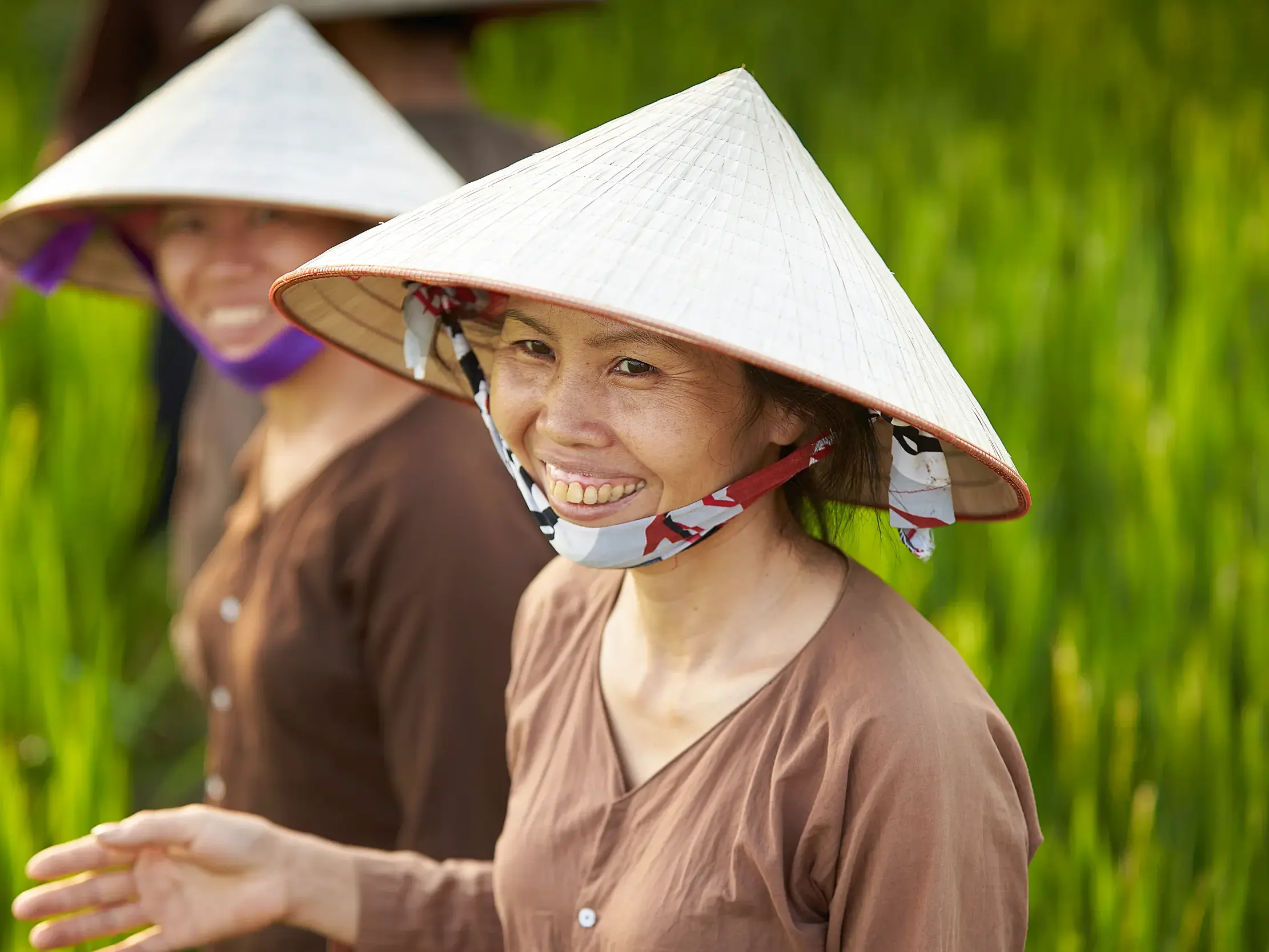 Eine freundlich lächelnde Reisbäuerin mit traditionellem Kegelhut steht auf einem leuchtend grünen Reisfeld in Vietnam.