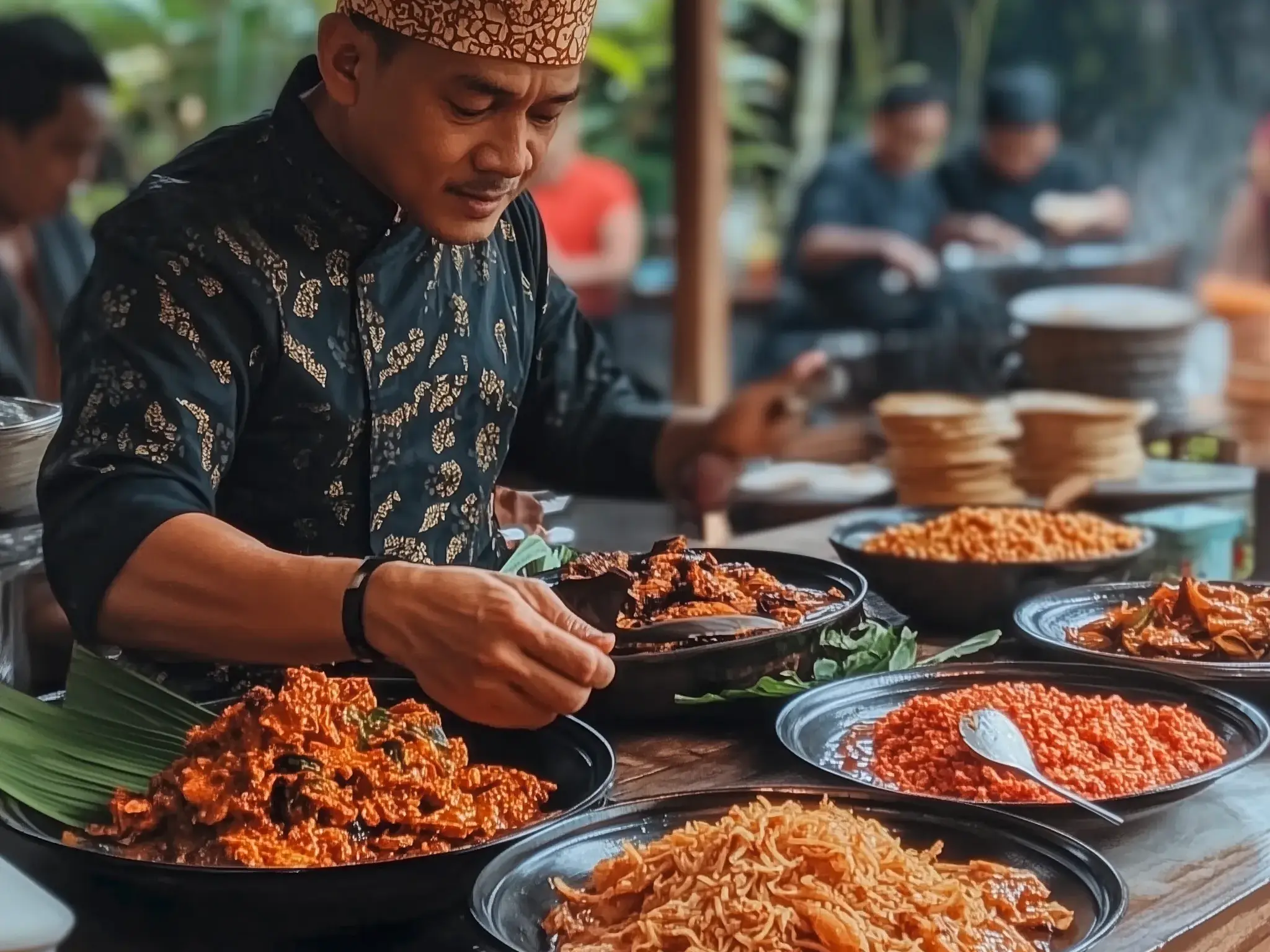 Ein Mann in traditioneller balinesischer Kleidung präsentiert einer Kleingruppe bei einem Kochkurs in Ubud vielfältige Speisen.