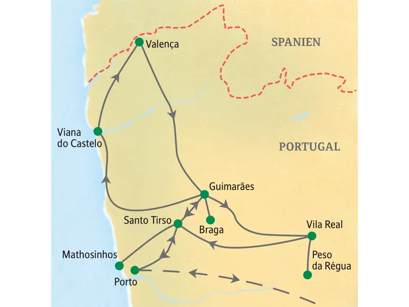 Karte der Studienreise durch Nordportugal mit der Reiseroute ab Porto über Santo Tirso, Guimaraes, Vila Real und Viana do Castelo.