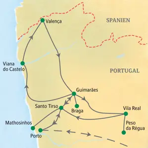 Karte der Studienreise durch Nordportugal mit der Reiseroute ab Porto über Santo Tirso, Guimaraes, Vila Real und Viana do Castelo.