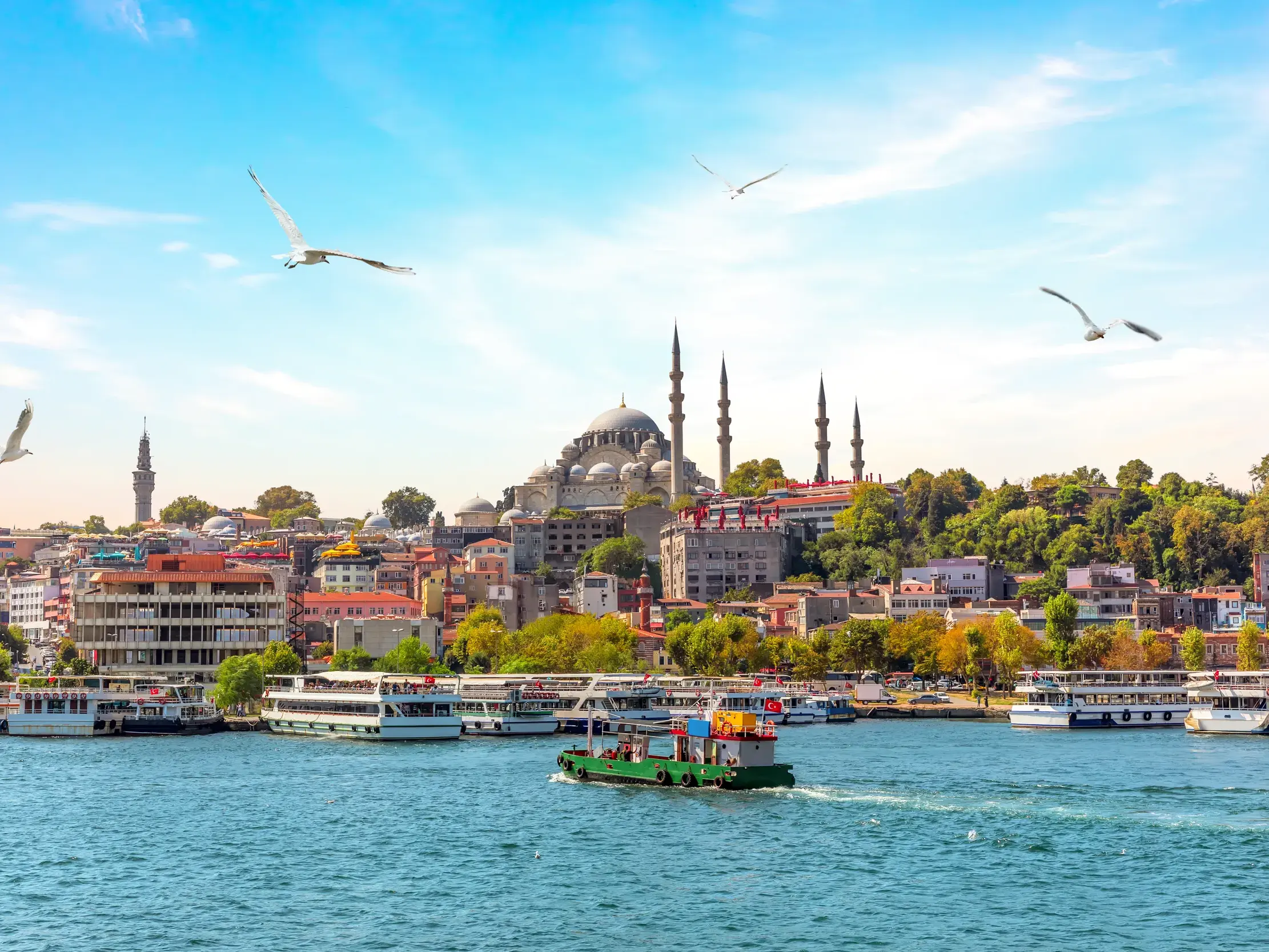 Eine Fähre überquert den Bosporus vor der Skyline Istanbuls mit der dominanten Süleymaniye-Moschee bei sonnigem Wetter.