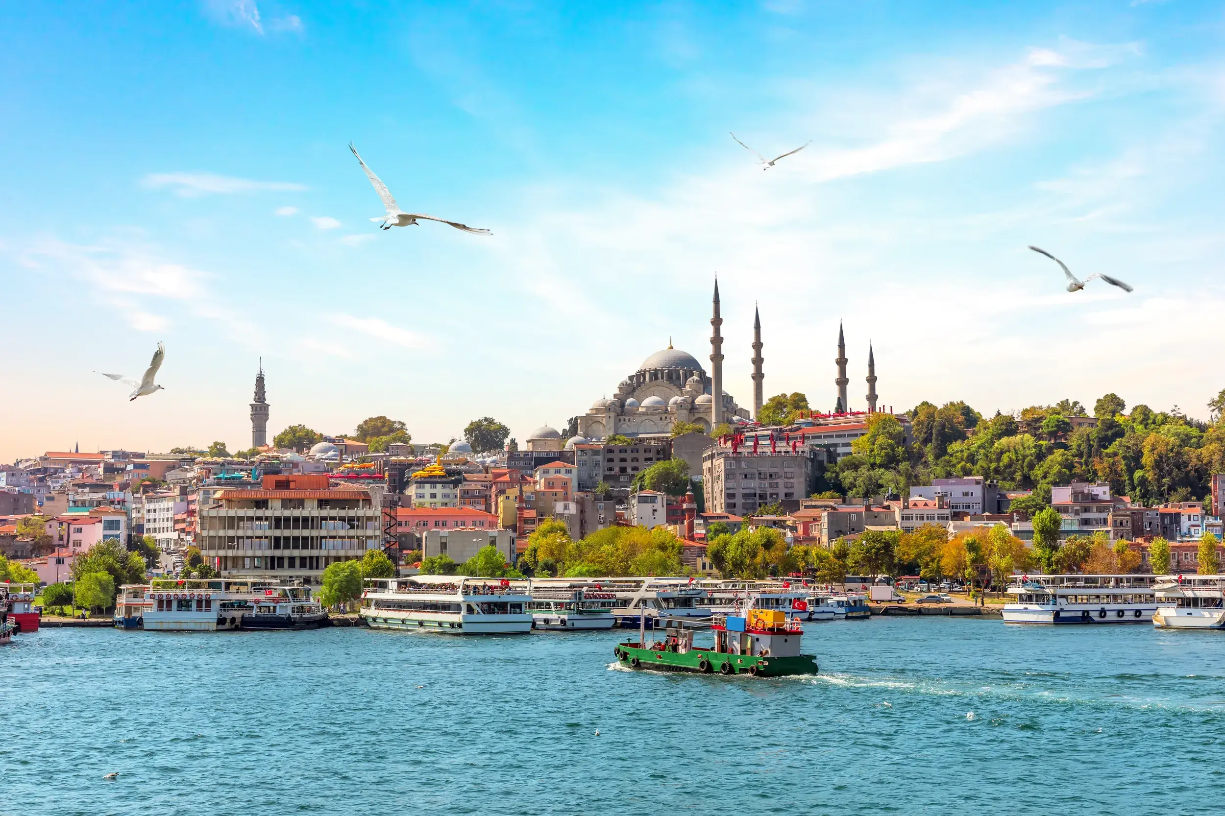 Eine Fähre überquert den Bosporus vor der Skyline Istanbuls mit der dominanten Süleymaniye-Moschee bei sonnigem Wetter.