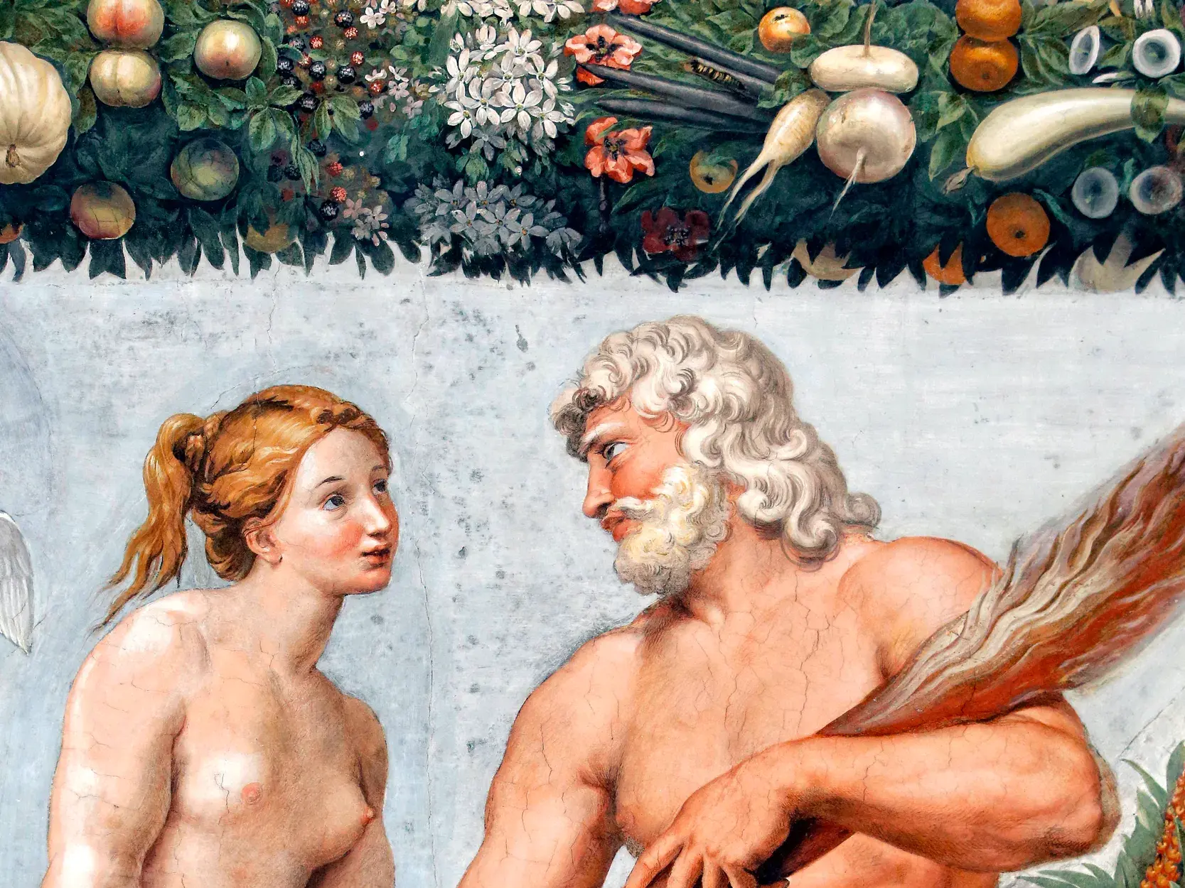 Detail eines Deckenfreskos von Raffael in der Villa Farnesina mit mythologischen Figuren in Rom