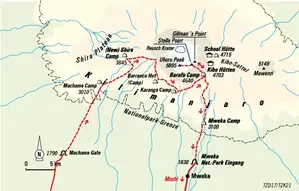 Karte der Hauser Trekkingreise am Kilimanjaro: Die Machame-Route führt über Shira, Barranco und Barafu Camp zum Uhuru Peak.