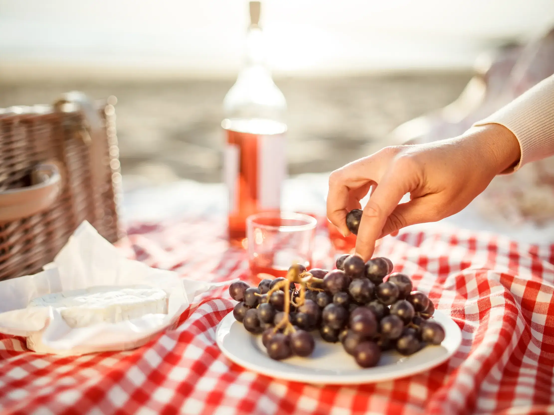 Ein typisch französisches Picknick mit Käse und Roséwein.