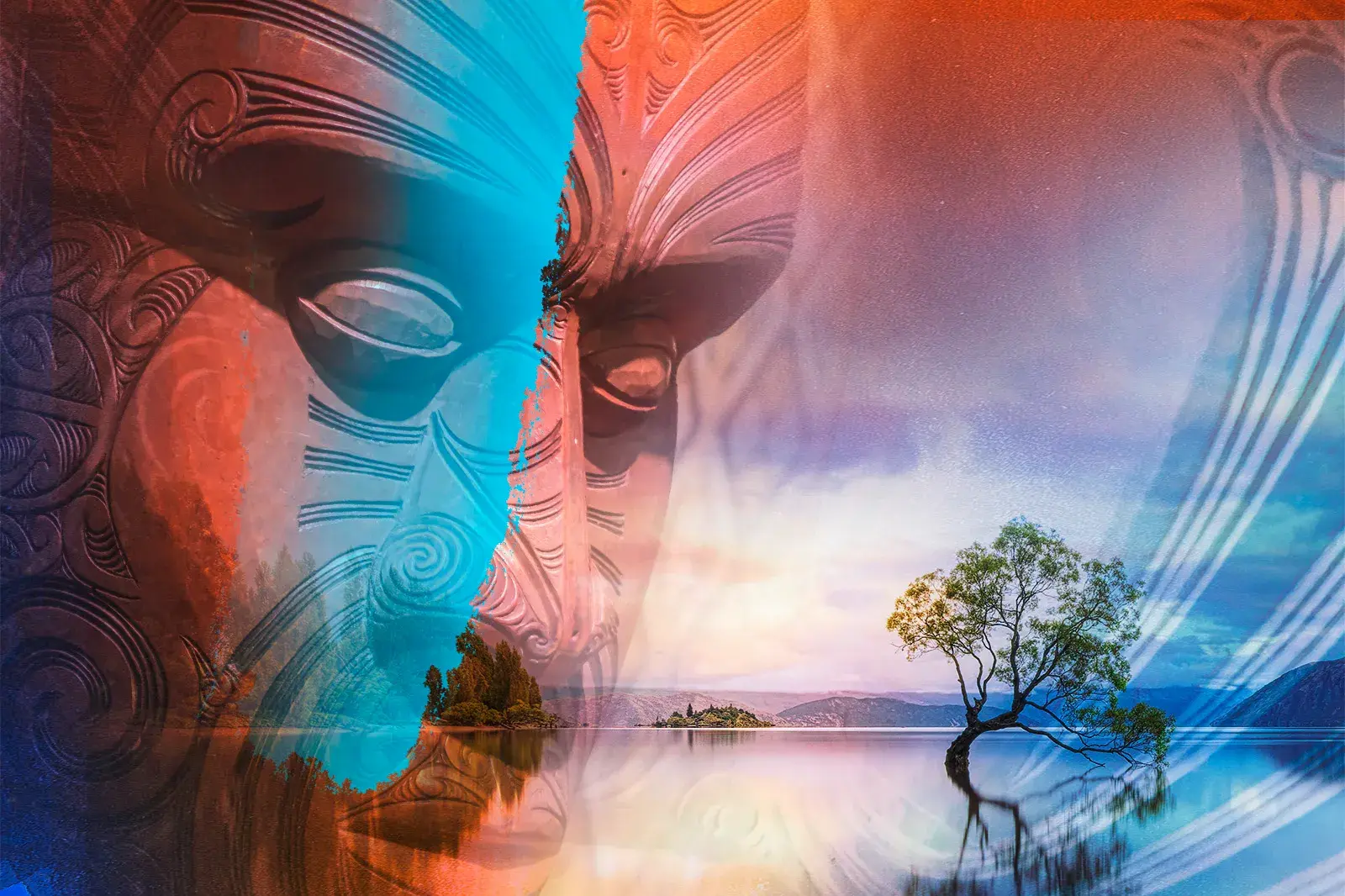 Fotomontage der Maori-Kultur mit einer traditionellen Schnitzerei über dem berühmten einsamen Baum im Lake Wanaka, Neuseeland.