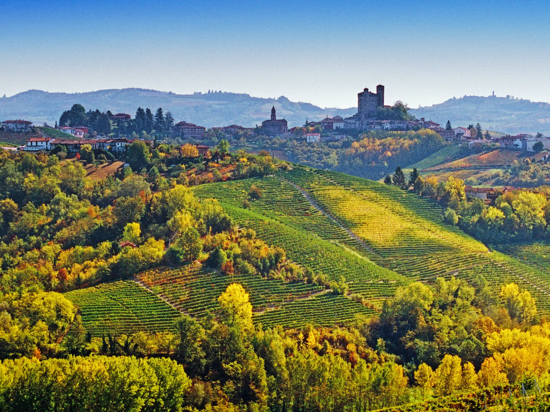 Herbstliche Hügellandschaft der Langhe im Piemont mit weiten Weinbergen und einem mittelalterlichen Dorf mit Burg.