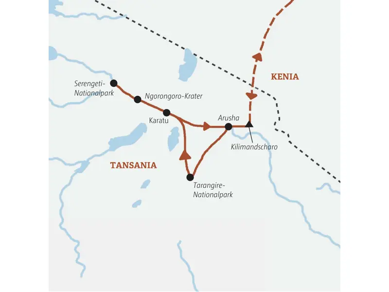 Karte der Marco Polo Kleingruppenreise in Tansania: Route von Arusha zum Tarangire- und Serengeti-Nationalpark und zum Ngorongoro-Krater.