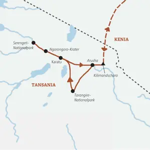 Karte der Marco Polo Kleingruppenreise in Tansania: Route von Arusha zum Tarangire- und Serengeti-Nationalpark und zum Ngorongoro-Krater.