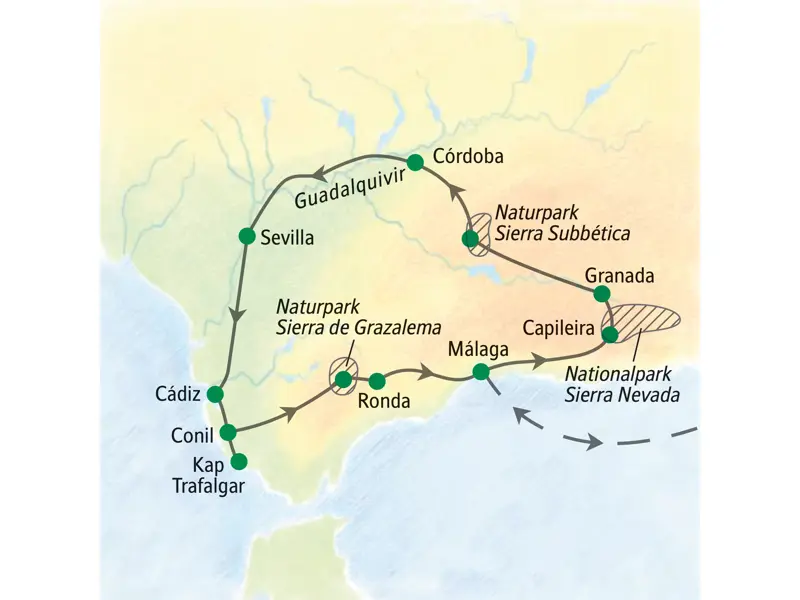 Karte der Reiseroute unserer Wanderreise in Andalusien: von Málaga über Granada, Córdoba, Sevilla, Cádiz und Ronda.