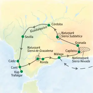 Karte der Reiseroute unserer Wanderreise in Andalusien: von Málaga über Granada, Córdoba, Sevilla, Cádiz und Ronda.
