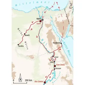 Karte der Hauser Wanderreise Ägypten: Route von Kairo durch die Weiße Wüste, entlang des Nils nach Assuan und zum Roten Meer.