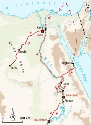 Karte der Hauser Wanderreise Ägypten: Route von Kairo durch die Weiße Wüste, entlang des Nils nach Assuan und zum Roten Meer.