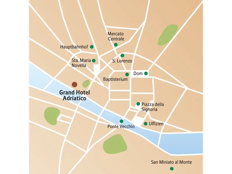 Übersichtskarte unserer Studiosus Städtereise in Florenz mit der zentralen Lage des Hotels nahe Dom, Uffizien und Ponte Vecchio.