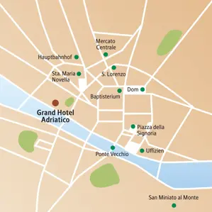 Übersichtskarte unserer Studiosus Städtereise in Florenz mit der zentralen Lage des Hotels nahe Dom, Uffizien und Ponte Vecchio.