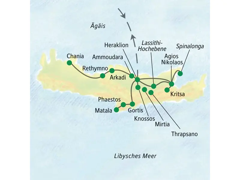 Karte der Studiosus Studienreise auf Kreta mit Route zu Highlights wie Chania, Rethymno, Knossos und der Lassithi-Hochebene.