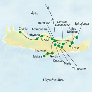 Karte der Studiosus Studienreise auf Kreta mit Route zu Highlights wie Chania, Rethymno, Knossos und der Lassithi-Hochebene.