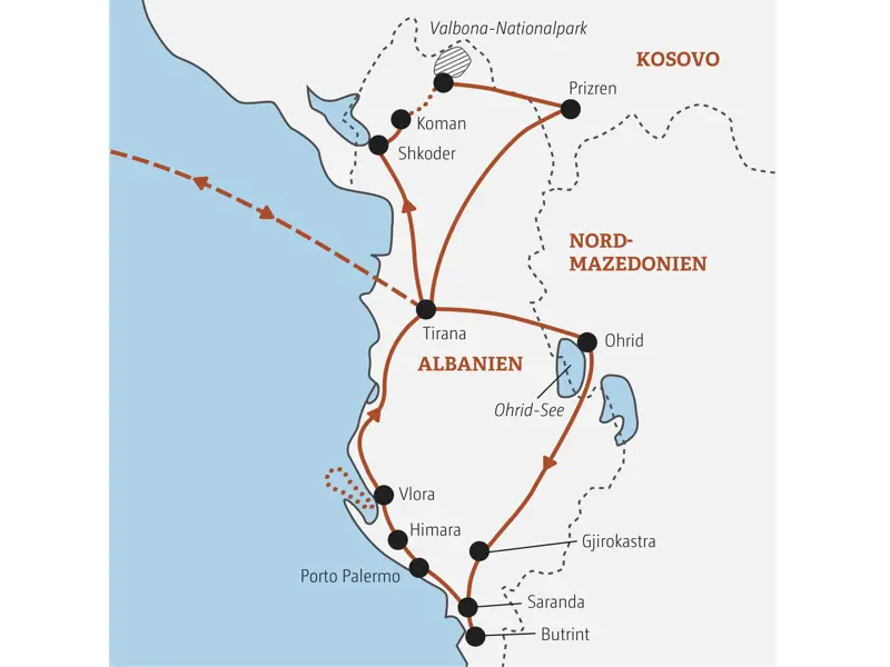 Karte der Marco Polo Rundreise durch Albanien mit Route von Tirana über Shkoder, Prizren, den Ohrid-See und Saranda.
