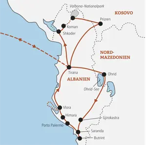 Karte der Marco Polo Rundreise durch Albanien mit Route von Tirana über Shkoder, Prizren, den Ohrid-See und Saranda.