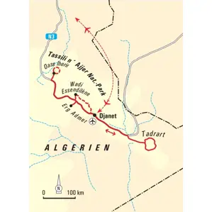 Reiseroute der Trekkingreise in Algerien: von Djanet zum Trekking im Tassili n'Ajjer Nationalpark und in die Tadrart-Wüste.