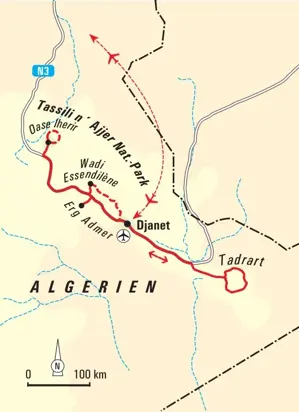 Reiseroute der Trekkingreise in Algerien: von Djanet zum Trekking im Tassili n'Ajjer Nationalpark und in die Tadrart-Wüste.
