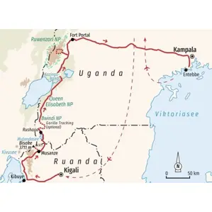 Reiseroute der Trekkingreise durch Ruanda und Uganda von Kigali über Bwindi und Queen Elizabeth NP bis nach Fort Portal und Entebbe.