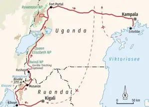 Reiseroute der Trekkingreise durch Ruanda und Uganda von Kigali über Bwindi und Queen Elizabeth NP bis nach Fort Portal und Entebbe.