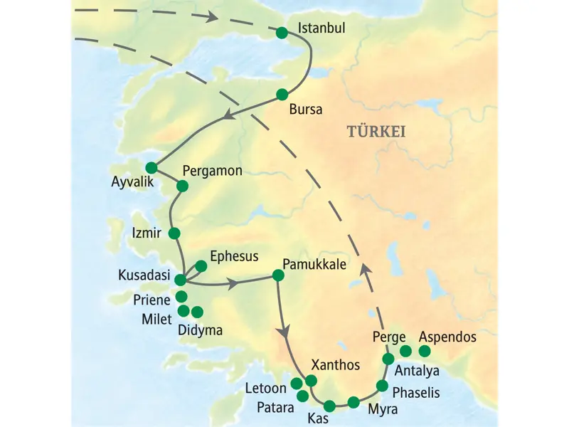 Reiseroute der Türkei-Studienreise auf einer Landkarte von Istanbul über Pergamon, Ephesus und die Lykische Küste bis Antalya.