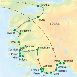 Reiseroute der Türkei-Studienreise auf einer Landkarte von Istanbul über Pergamon, Ephesus und die Lykische Küste bis Antalya.