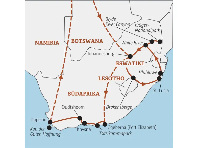 Karte unserer Marco Polo YOUNG LINE TRAVEL Gruppenreise für junge Leute in Südafrika. Die Route führt von Johannesburg über den Krügerpark und die Garden Route nach Kapstadt.