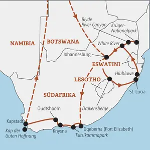 Karte unserer Marco Polo YOUNG LINE TRAVEL Gruppenreise für junge Leute in Südafrika. Die Route führt von Johannesburg über den Krügerpark und die Garden Route nach Kapstadt.