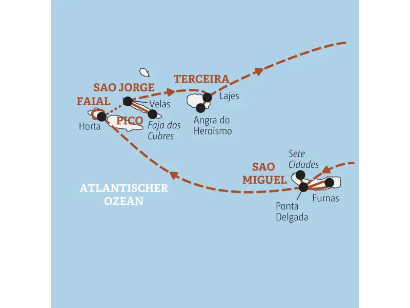 Karte der Marco Polo Rundreise auf den Azoren: Insel-Hopping von Sao Miguel über Faial und Sao Jorge bis zur Insel Terceira.
