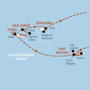 Karte der Marco Polo Rundreise auf den Azoren: Insel-Hopping von Sao Miguel über Faial und Sao Jorge bis zur Insel Terceira.