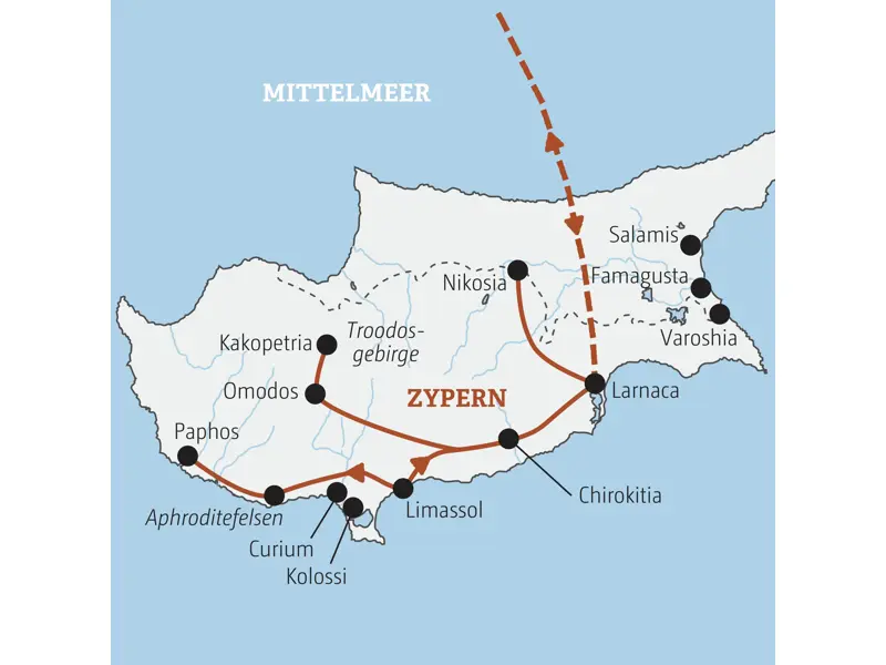 Karte der Marco Polo Rundreise auf Zypern: die Route führt von Limassol über Nikosia, Paphos und ins Troodosgebirge.