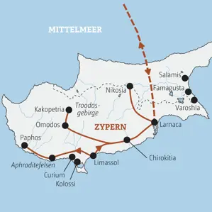 Karte der Marco Polo Rundreise auf Zypern: die Route führt von Limassol über Nikosia, Paphos und ins Troodosgebirge.