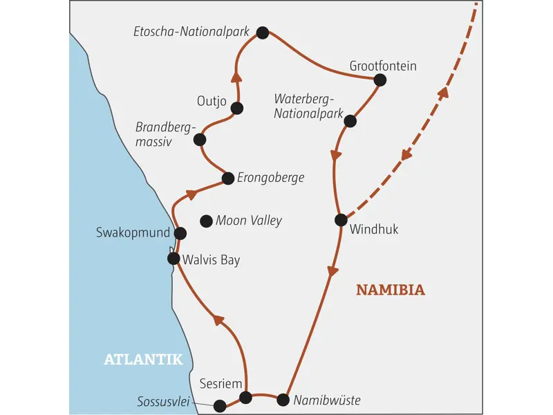 Karte der Marco Polo YOUNG LINE TRAVEL Gruppenreise für junge Leute in Namibia von Windhuk über Sossusvlei, Swakopmund und den Etoscha-Nationalpark.