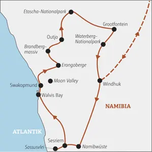 Karte der Marco Polo YOUNG LINE TRAVEL Gruppenreise für junge Leute in Namibia von Windhuk über Sossusvlei, Swakopmund und den Etoscha-Nationalpark.