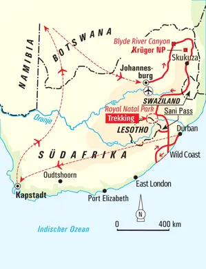 Karte der Trekkingreise in Südafrika: Die Route führt von Johannesburg über den Krüger NP und die Drakensberge bis nach Kapstadt.