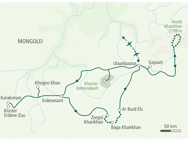 Karte der Hauser Trekkingreise in der Mongolei: Route von Ulaanbaatar zum Asralt Khairkhan, nach Karakorum und in die Wüste Gobi.