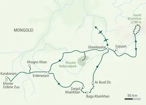 Karte der Hauser Trekkingreise in der Mongolei: Route von Ulaanbaatar zum Asralt Khairkhan, nach Karakorum und in die Wüste Gobi.