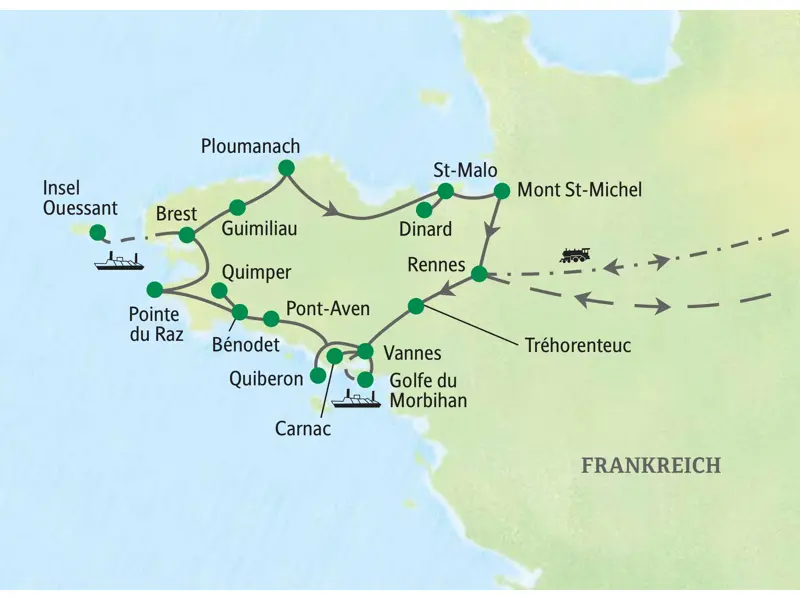 Karte der Studiosus Wanderreise in der Bretagne. Die Route führt als Rundkurs von Rennes über Vannes, Brest und St-Malo.