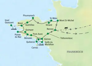 Karte der Studiosus Wanderreise in der Bretagne. Die Route führt als Rundkurs von Rennes über Vannes, Brest und St-Malo.
