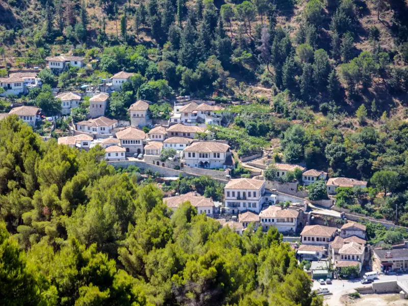 Die weißen osmanischen Häuser der UNESCO-Stadt Berat schmiegen sich an einen dicht bewaldeten Berghang in Albanien.