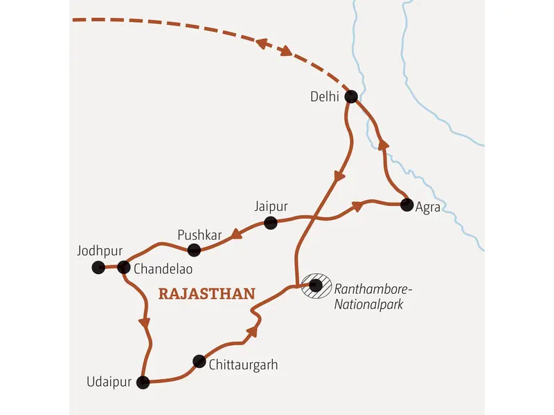 Reiseroute der Marco Polo Top-Preis Reise durch Rajasthan: von Delhi über Jaipur, Jodhpur, Udaipur und Agra zurück nach Delhi.