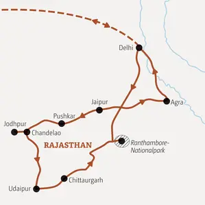 Reiseroute der Marco Polo Top-Preis Reise durch Rajasthan: von Delhi über Jaipur, Jodhpur, Udaipur und Agra zurück nach Delhi.