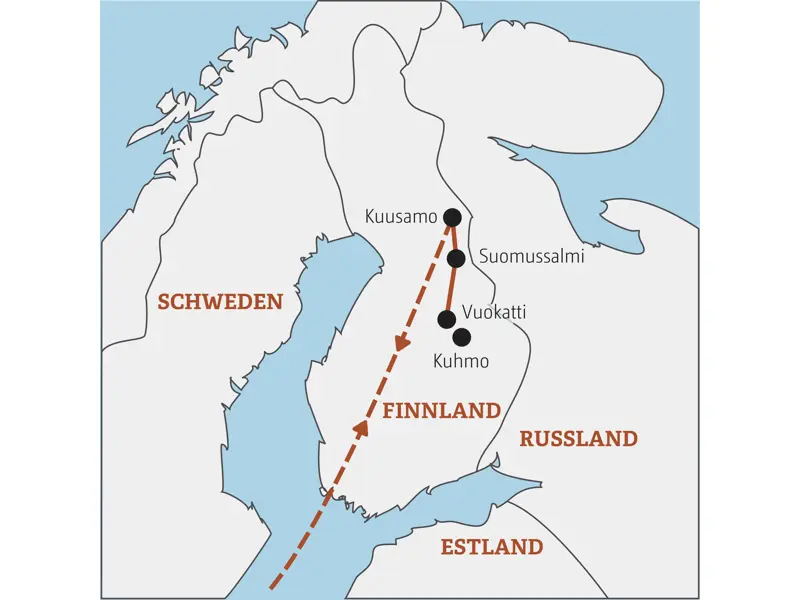 Karte unserer Gruppenreise für junge Leute in Finnland. Die Route führt von Kuusamo über Suomussalmi und Vuokatti nach Kuhmo.