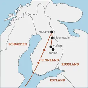 Karte unserer Gruppenreise für junge Leute in Finnland. Die Route führt von Kuusamo über Suomussalmi und Vuokatti nach Kuhmo.